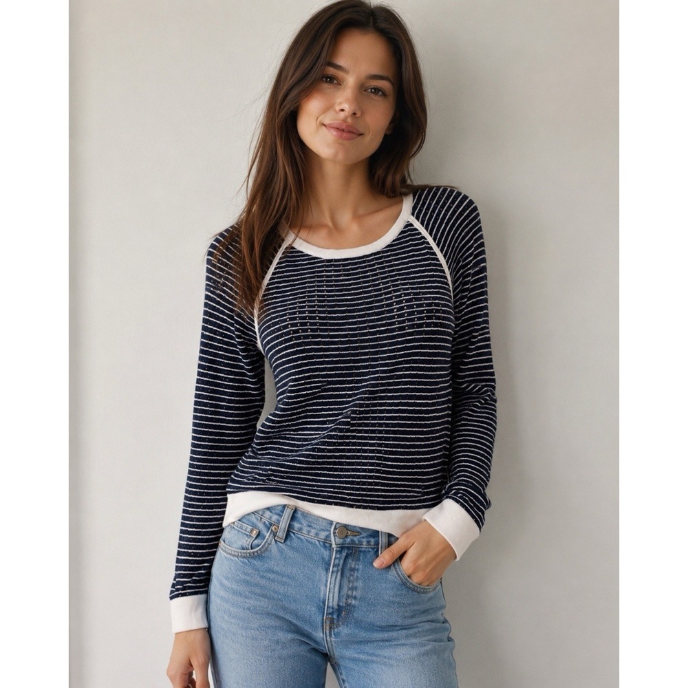 Rag & Bone navy white striped 100% cotton perforated high low pullover sweater S